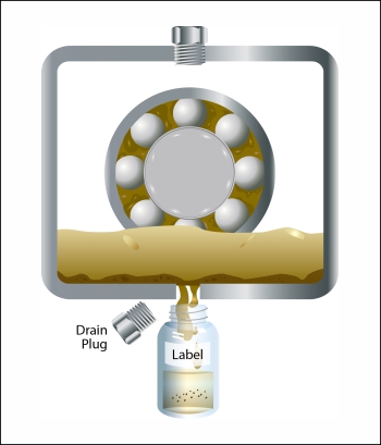 Line drawing of a bearing housing with sample bottle at the bottom drain port.